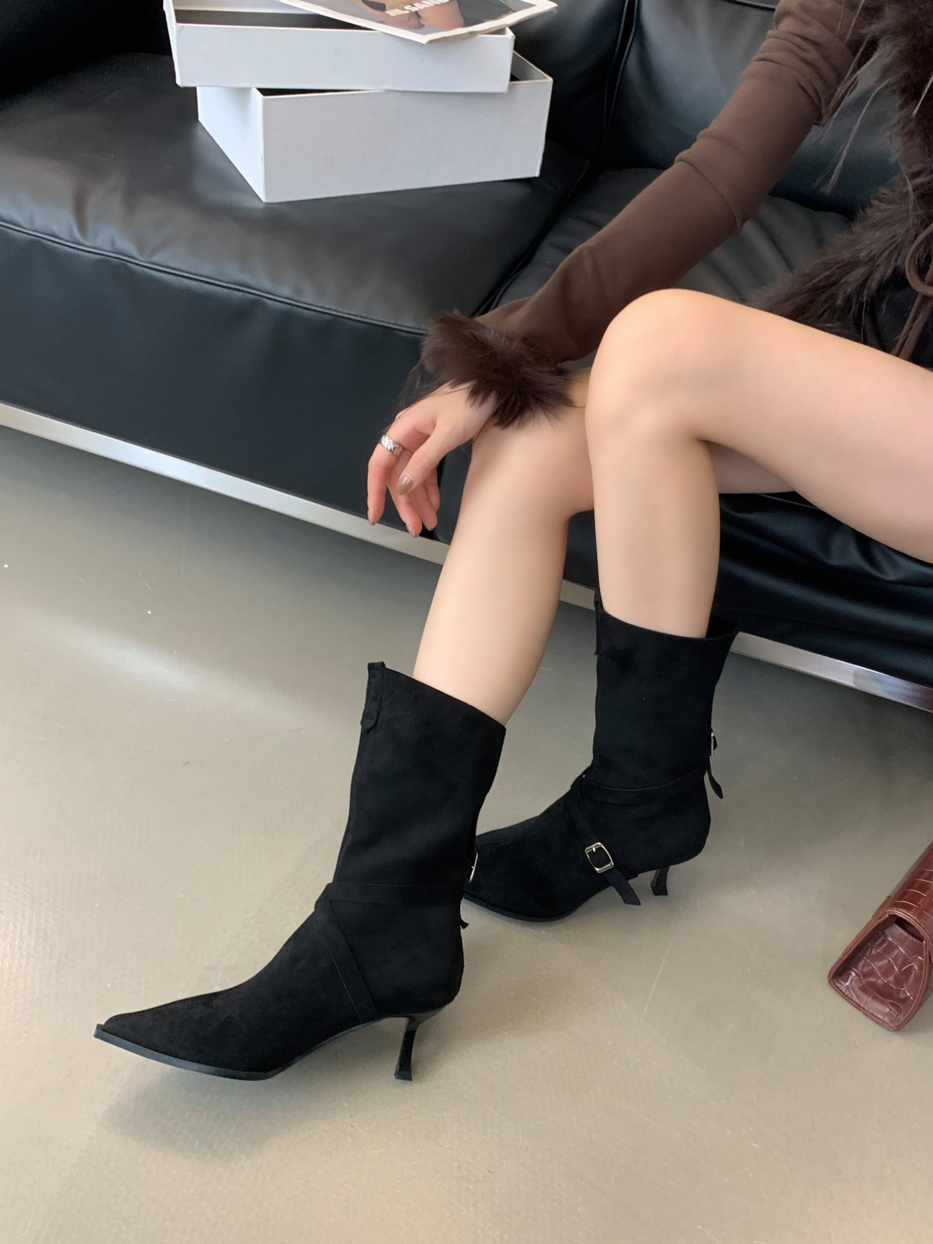 2024 Autumn Winter New Suede Pointed Toe Belt Buckle Slim Boots Kitten Heel French Short Boots - Image 4