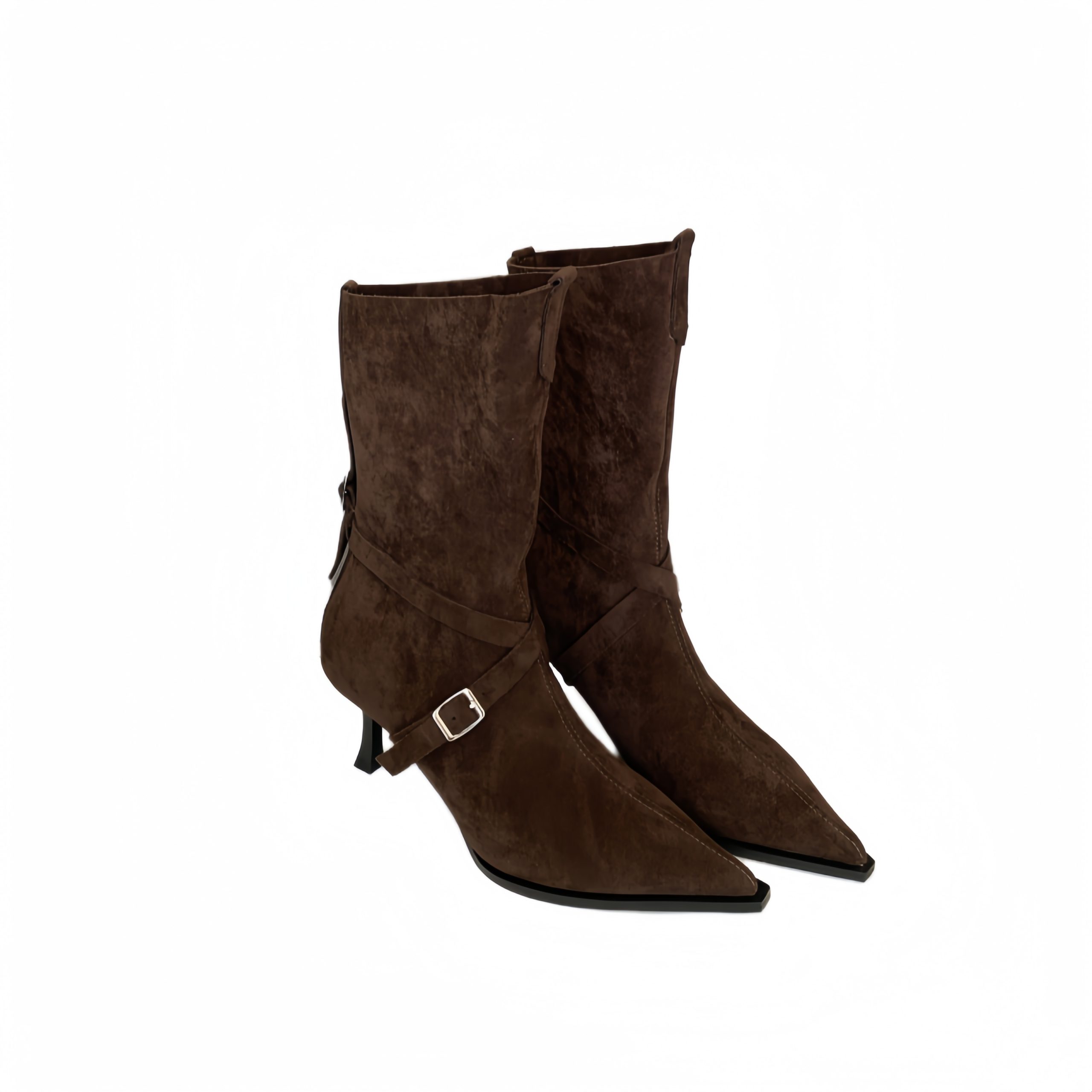 2024 Autumn Winter New Suede Pointed Toe Belt Buckle Slim Boots Kitten Heel French Short Boots - Image 5