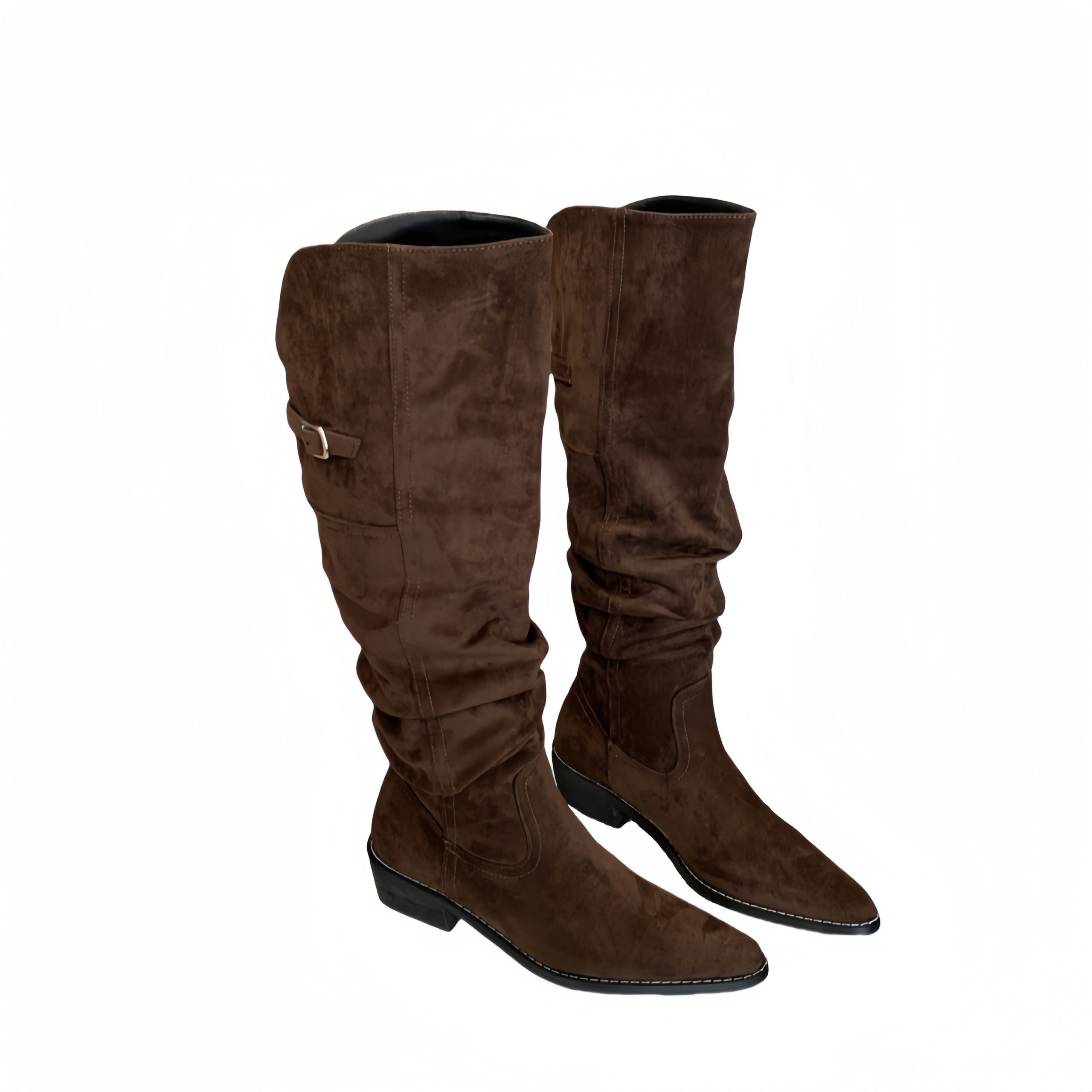 2024 Autumn Winter New Suede Pointed Toe Wrinkled High Top Western Boots Rider Boots Low Heel Pull On Fashion Boots