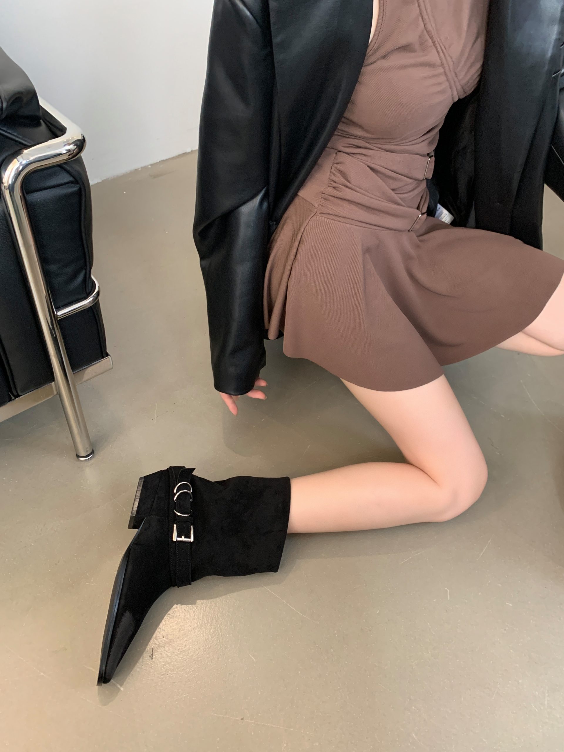 2024 New Autumn Winter Women's Boots Color Block Square Toe Western Boots Leather Belt Buckle Chunky Heel Suede Short Boots