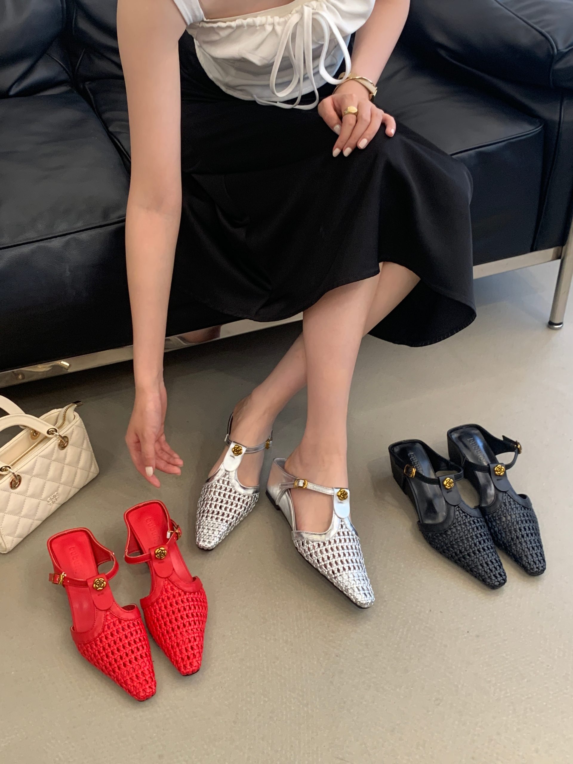 2026 French Woven Hollow Pointed Toe Chunky Heel Sandals for Women Summer Strap Closed Toe Real Leather Shoes