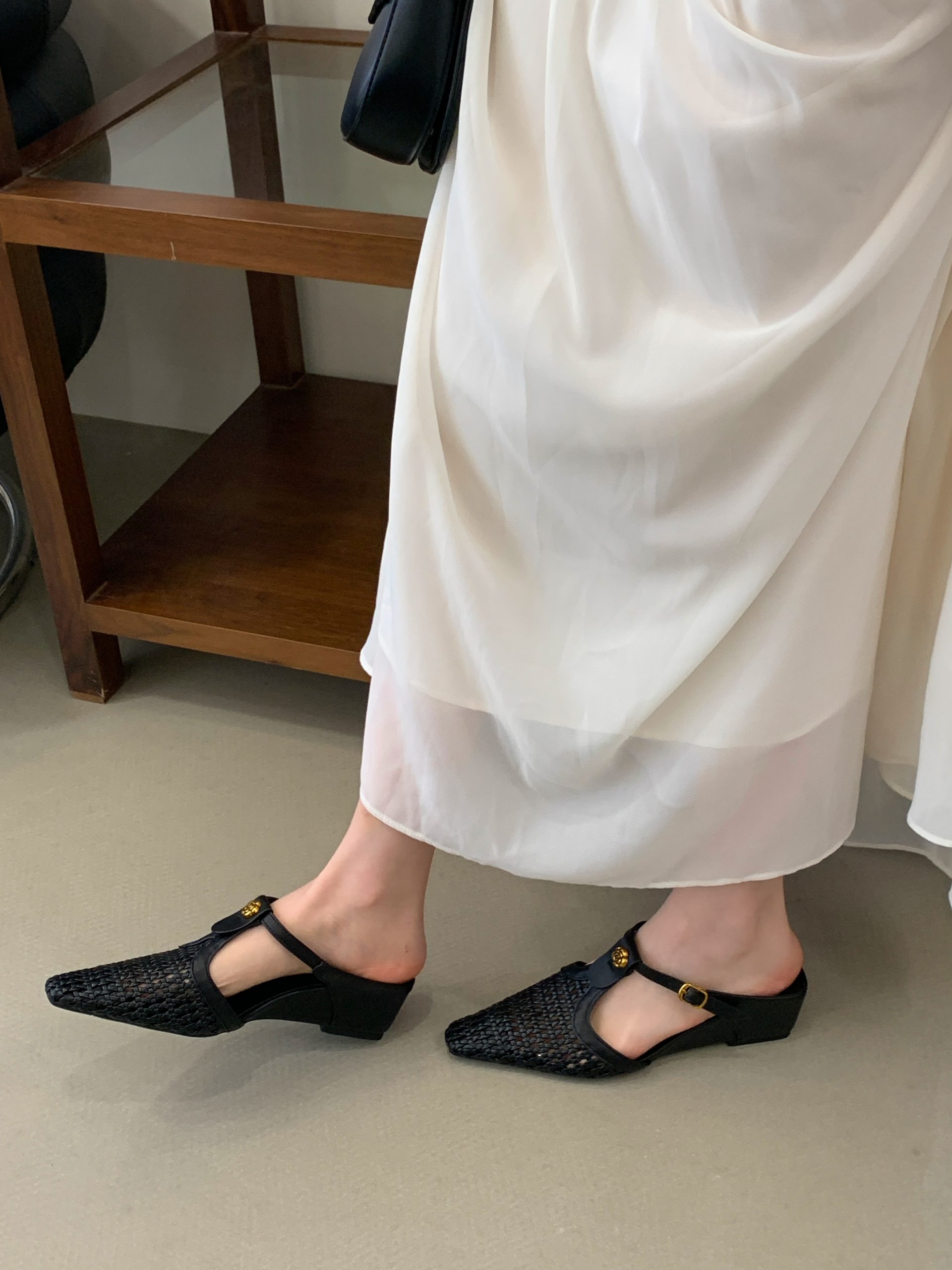 2026 French Woven Hollow Pointed Toe Chunky Heel Sandals for Women Summer Strap Closed Toe Real Leather Shoes - Image 3