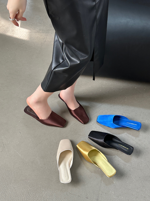 Dumier 2024 Spring Women's Square Toe Satin Slippers Low Heel Solid Color Simple Style